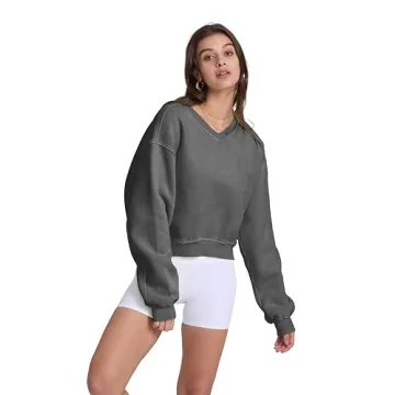Hatant Sweatshirt Women Acid Wash V-neck Crop Pullover