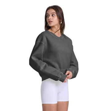 Hatant Sweatshirt Women Acid Wash V-neck Crop Pullover