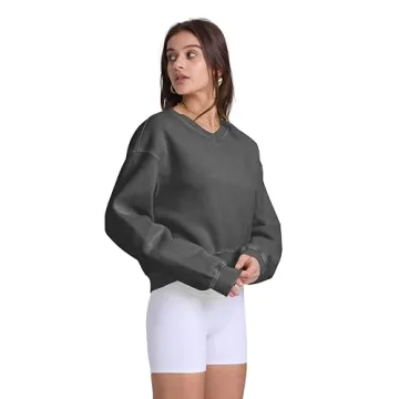 Hatant Sweatshirt Women Acid Wash V-neck Crop Pullover