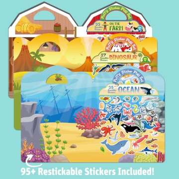 Reusable Puffy Sticker Book for Kids – 95+ Farm, Dinosaur & Ocean Animal Stickers, Road Trip Trave...