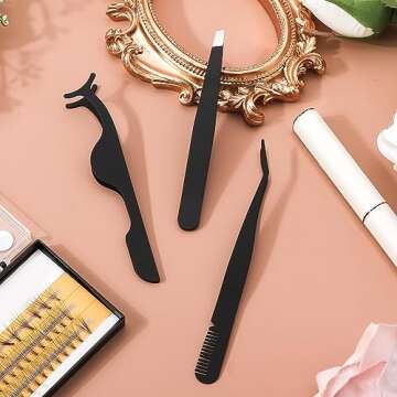 3pcs Eyelash Tweezers, 3 Styles Stainless Steel Eyebrow Tweezers to Apply Eyelash Extension Tweezers Multifunctional Lash Applicator Tool Tweezers for False Lashes Makeup(Black)