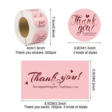 Outus 600 Pieces Thank You for Supporting My Small Business Cards and Stickers Set - Pink Gold Foil ...