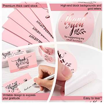 Outus 600 Pieces Thank You for Supporting My Small Business Cards and Stickers Set - Pink Gold Foil Thank You Cards for Retail Store Package Insert Envelope Seals Business Owner Sellers