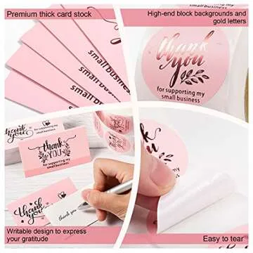 Outus 600 Pieces Thank You for Supporting My Small Business Cards and Stickers Set - Pink Gold Foil Thank You Cards for Retail Store Package Insert Envelope Seals Business Owner Sellers