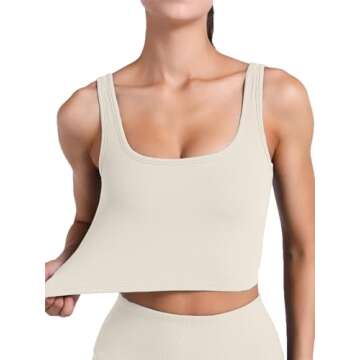 FelFory Longline Sports Bra Tank Top Bra Top for Women Seamless Sports Bra Ribbed Workout Tops Padded Crop Top Fitness Yoga Tank Ivory White Small