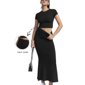 CHYRII Womens Two Piece Sets Short Sleeve Crewneck Cropped Top Bodycon Fold Over Maxi Skirt Maxi Dre...