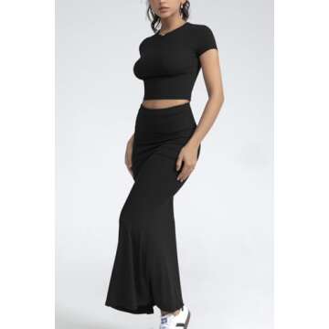 CHYRII Womens Two Piece Sets Short Sleeve Crewneck Cropped Top Bodycon Fold Over Maxi Skirt Maxi Dress Outfits Black XL