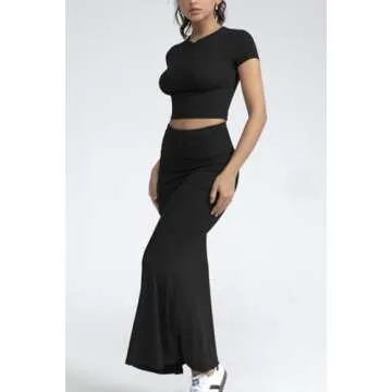 CHYRII Womens Two Piece Sets Short Sleeve Crewneck Cropped Top Bodycon Fold Over Maxi Skirt Maxi Dress Outfits Black XL