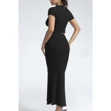 CHYRII Womens Two Piece Sets Short Sleeve Crewneck Cropped Top Bodycon Fold Over Maxi Skirt Maxi Dress Outfits Black XL