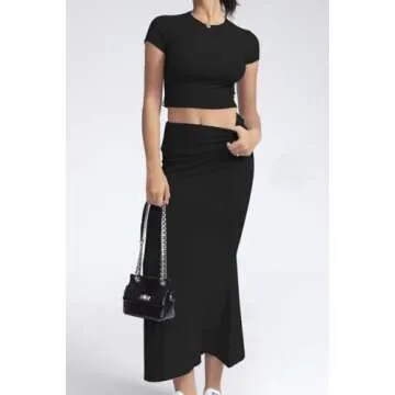 CHYRII Womens Two Piece Sets Short Sleeve Crewneck Cropped Top Bodycon Fold Over Maxi Skirt Maxi Dress Outfits Black XL