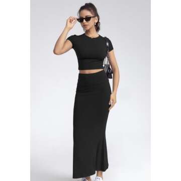 CHYRII Womens Two Piece Sets Short Sleeve Crewneck Cropped Top Bodycon Fold Over Maxi Skirt Maxi Dress Outfits Black XL