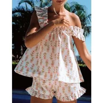 Wyeysyt Womens Floral Pajama Sets Ruffle Trim Cami Top and Shorts 2 Piece Sleepwear Set Pjs(Pink-S)