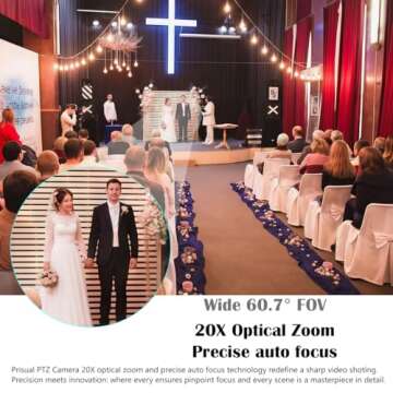 Prisual PTZ Camera 20X Optical Zoom with HDMI/SDI/USB/IP Streaming Outputs, Auto Tracking for Church Worship Live Events Video Recording Facebook YouTube vMix OBS Wirecast PoE Support