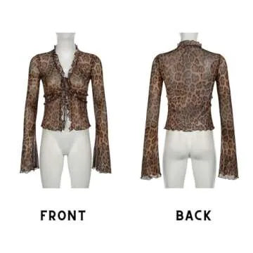 BAIMORE Women's Sexy Mesh Deep V Neck Leopard Print Ruffle Trim Lace Up Long Sleeve Blouse Top