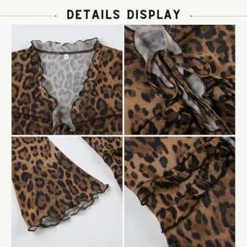BAIMORE Women's Sexy Mesh Deep V Neck Leopard Print Ruffle Trim Lace Up Long Sleeve Blouse Top