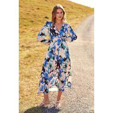 PRETTYGARDEN Women's Spring Floral Midi Dress Casual Fall V Neck Long Sleeve Flowy Beach Wedding Guest Vacation Dresses