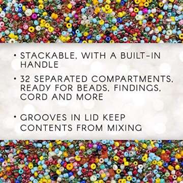 Darice No-Spill Plastic Bead Organizer – Craft Supply Storage Box with 32 Compartments, Stackable Design with Lid, 13.7” x 8.6” x 1.37”