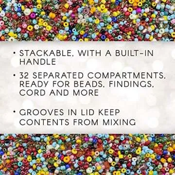 Darice No-Spill Plastic Bead Organizer – Craft Supply Storage Box with 32 Compartments, Stackable Design with Lid, 13.7” x 8.6” x 1.37”