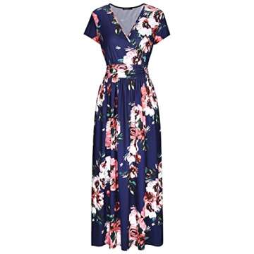 OUGES Women's V-Neck Pattern Pocket Maxi Long Dress(Floral-7,M) Red Flowers