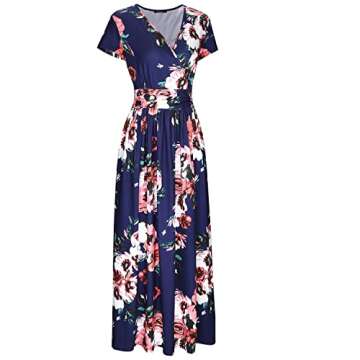 OUGES Women's V-Neck Pattern Pocket Maxi Long Dress(Floral-7,M) Red Flowers