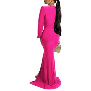 Formal Gowns and Evening Dresses for Women Elegant V Neck Ruched Long Sleeve Prom Gown High Split Wr...