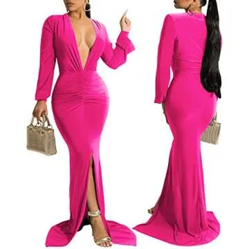 Formal Gowns and Evening Dresses for Women Elegant V Neck Ruched Long Sleeve Prom Gown High Split Wrap Mermaid Maxi Dress