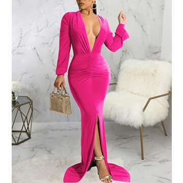 Formal Gowns and Evening Dresses for Women Elegant V Neck Ruched Long Sleeve Prom Gown High Split Wrap Mermaid Maxi Dress