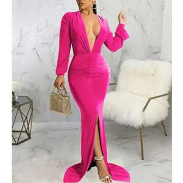 Formal Gowns and Evening Dresses for Women Elegant V Neck Ruched Long Sleeve Prom Gown High Split Wrap Mermaid Maxi Dress