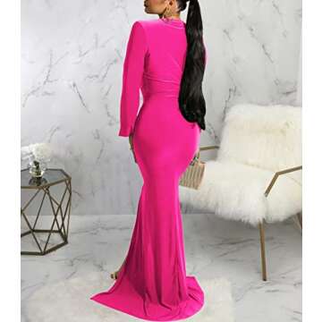 Formal Gowns and Evening Dresses for Women Elegant V Neck Ruched Long Sleeve Prom Gown High Split Wrap Mermaid Maxi Dress