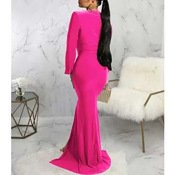 Formal Gowns and Evening Dresses for Women Elegant V Neck Ruched Long Sleeve Prom Gown High Split Wrap Mermaid Maxi Dress