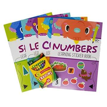 Two Arrows Sticker Activity Books for Toddlers Includes Shapes, Letters, Numbers and Colors Bundled with Crayola 24 Count Crayons, Styles Vary