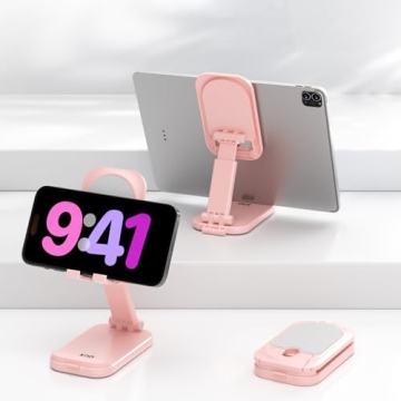 KDD Foldable Cell Phone Stand for Desk, with Makeup Mirror 2 in 1 Phone Holder Adjustable Angle Heig...