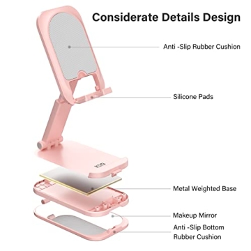 KDD Pink Phone Stand with Makeup Mirror - 2-in-1 Adjustable