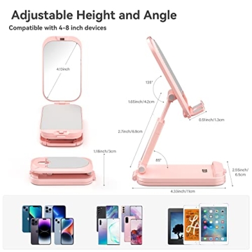 KDD Pink Phone Stand with Makeup Mirror - 2-in-1 Adjustable