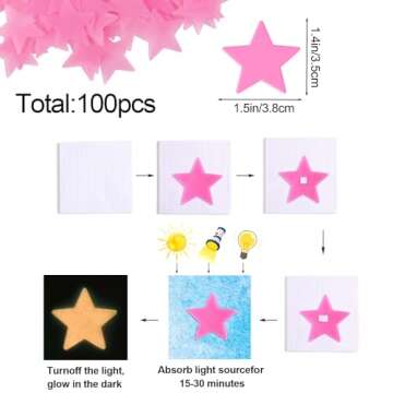 AM AMAONM 100 Pcs Pink Glow in The Dark Luminous Stars Fluorescent Noctilucent Plastic Wall Stickers Murals Decals for Home Art Decor Ceiling Wall Decorate Kids Babys Bedroom Room Decorations