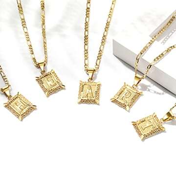 KissYan Initial Letter Pendant Necklace for Men Women, 14K Gold Plated Square Capital Monogram Necklace Alphabets from A-Z Figaro Chain Jewelry (Gold, L)
