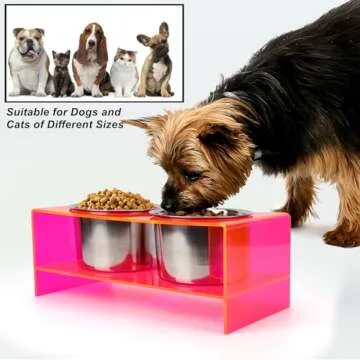 Raised Dog Bowl Stand Large Acrylic Dog Water Bowl Elevated Pet Feeder with Double Big Stainless Bowls for Large Medium Pets, Neon Pink