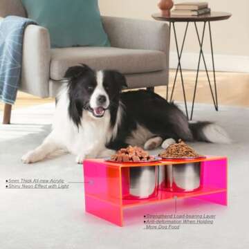 Raised Dog Bowl Stand Large Acrylic Dog Water Bowl Elevated Pet Feeder with Double Big Stainless Bowls for Large Medium Pets, Neon Pink