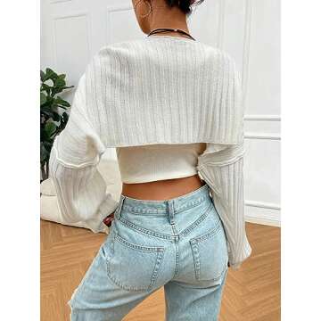 WDIRARA Women's Open Front Drop Shoulder Rib-Knit Long Sleeve Cropped Cardigan Shrug Plain Solid White M