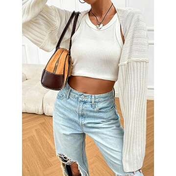 WDIRARA Women's Open Front Drop Shoulder Rib-Knit Long Sleeve Cropped Cardigan Shrug Plain Solid White M