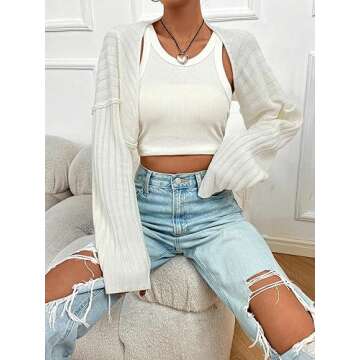 WDIRARA Women's Open Front Drop Shoulder Rib-Knit Long Sleeve Cropped Cardigan Shrug Plain Solid White M