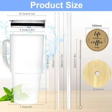 ONEHAUS Glass Tumbler with Straws and Lids, 40oz Large Glass Coffee Tumbler with Handle, Clear Water...