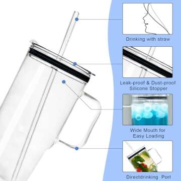 ONEHAUS Glass Tumbler with Straws and Lids, 40oz Large Glass Coffee Tumbler with Handle, Clear Water Bottle for Car, Camping, Travel, and Outdoor Activities