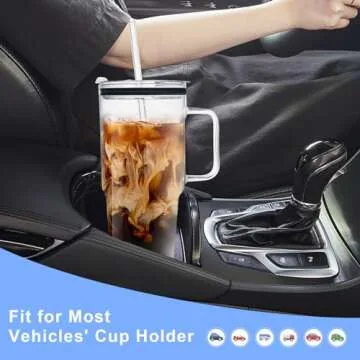 ONEHAUS Glass Tumbler with Straws and Lids, 40oz Large Glass Coffee Tumbler with Handle, Clear Water Bottle for Car, Camping, Travel, and Outdoor Activities