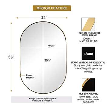 ANDY STAR Gold Oval Mirror, Brass Mirror for Wall, Oval Mirrors for Bathroom in Stainless Steel Metal 1’’ Thin Frame Pill Shaped Mirror Hangs Vertical or Horizontal Ideal for Limited Space