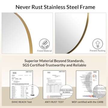 ANDY STAR Gold Oval Mirror, Brass Mirror for Wall, Oval Mirrors for Bathroom in Stainless Steel Metal 1’’ Thin Frame Pill Shaped Mirror Hangs Vertical or Horizontal Ideal for Limited Space