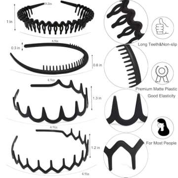 ULTIMUTE 8 PCS Fashion No Slip Effortless Plastic Headbands with Teeth Comb Black Skinny Hair Access...