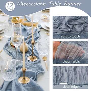 12 Pack 10Ft Cheesecloth Table Runner 35x120 Inch Boho Gauze Table Runner Rustic Cheese Cloth Long Table Runner Romantic Table Runner for Wedding Bridal Shower Birthday Party Table Decor (Dusty Blue)