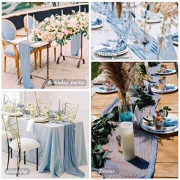12 Pack 10Ft Cheesecloth Table Runner 35x120 Inch Boho Gauze Table Runner Rustic Cheese Cloth Long Table Runner Romantic Table Runner for Wedding Bridal Shower Birthday Party Table Decor (Dusty Blue)