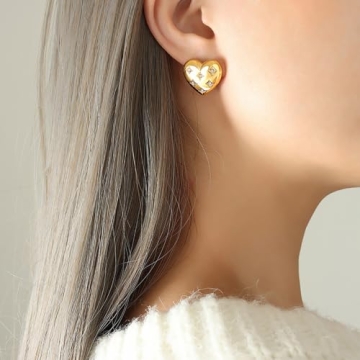 Chunky Heart Stud Earrings for Women Gold Plated